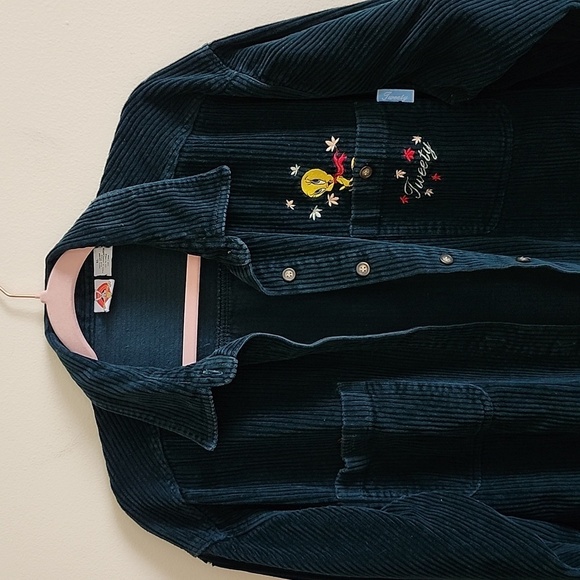 Looney Tunes Shirt Size XL Vintage Tweety Bird Hunter Green Corduroy Button-Up - Picture 2 of 10